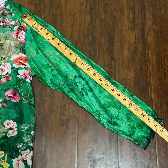 CIENNA Floral Shirt Green Button Up Roll Tab Sleeve Satin Silk Boho - Picture 12 of 12